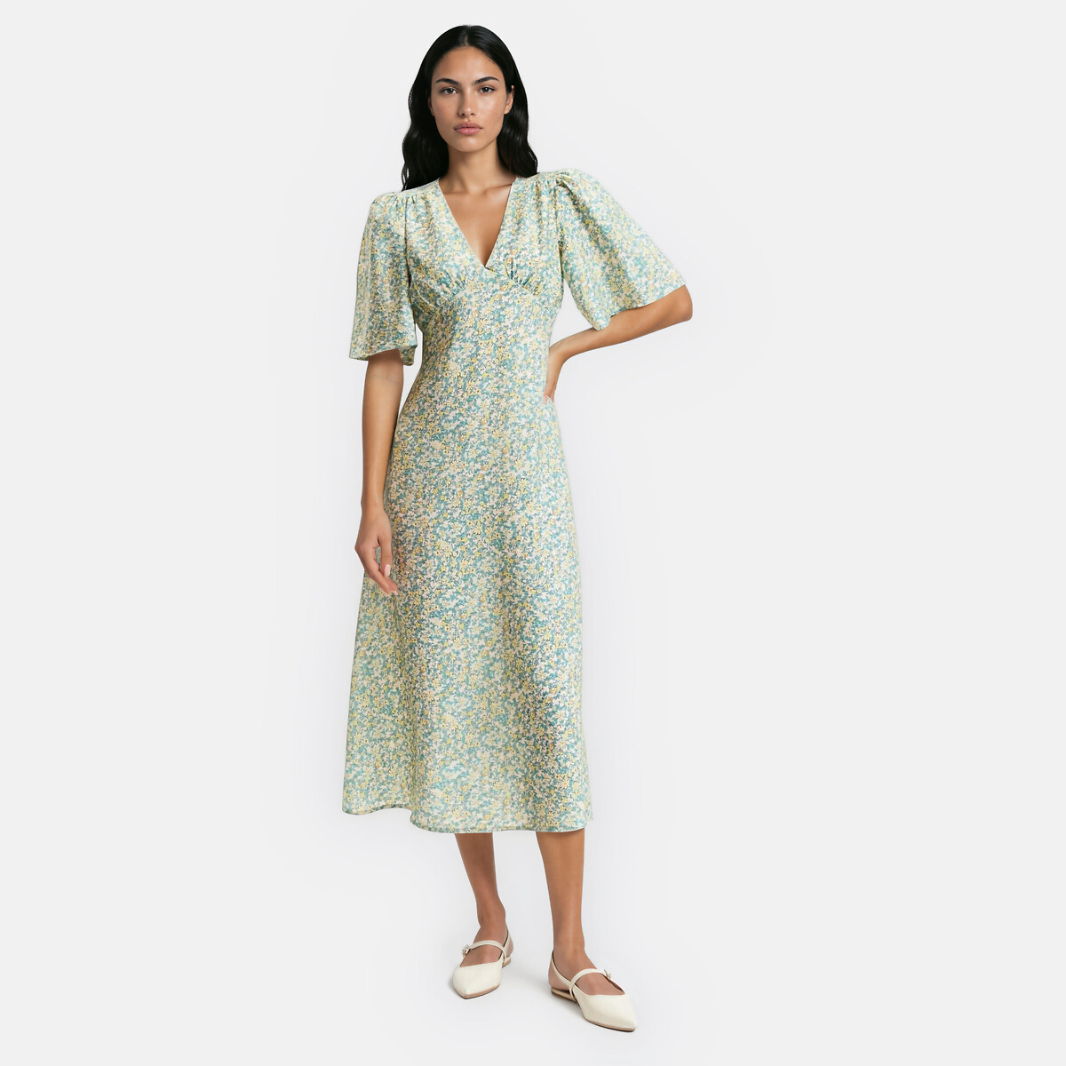 Robe midi col V manches courtes imprimé floral, LA REDOUTE COLLECTIONS