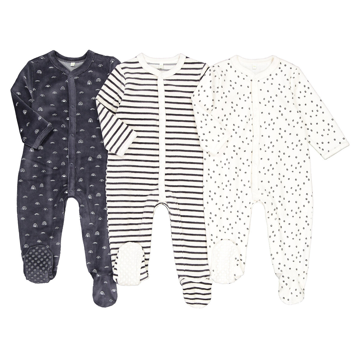 Pack of 3 velour sleepsuits in cotton mix, prem-2 years , ecru + dark ...