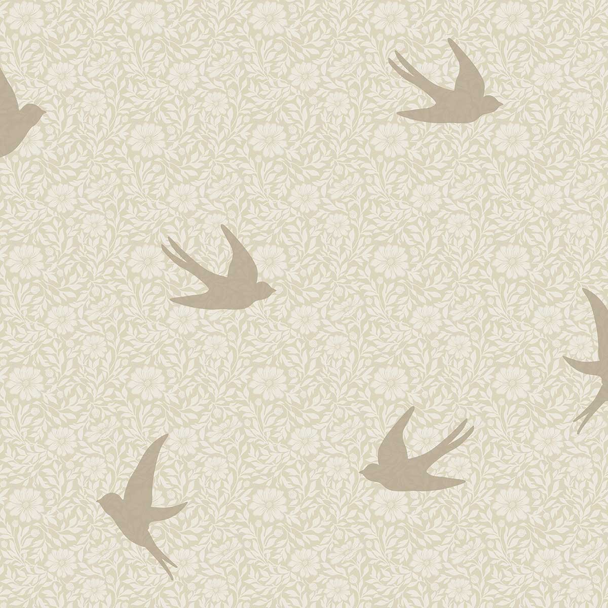 Papier peint hirondelles florales fond beige lin, HEXOA
