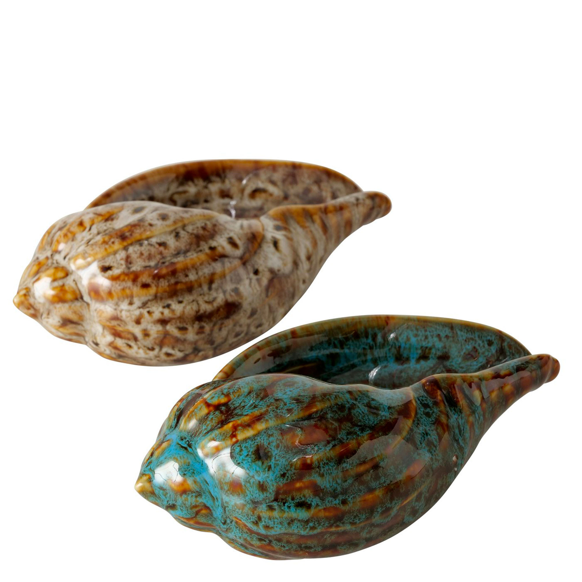 Set de 2 coquillages décoratifs à poser porcelaine bleu et beige 14x8x5.5cm, WADIGA