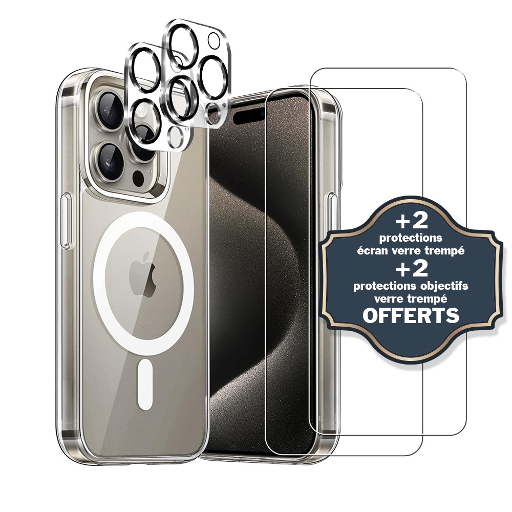 Coque Anti-choc compatible Magsafe pour iPhone 15 Pro Transparente + 2 protections écran et 2 protections objectif caméra, EVETANE