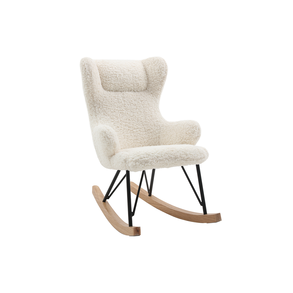 Rocking chair enfant en tissu effet peau de mouton blanc, métal noir et bois clair SHAUN, MILIBOO