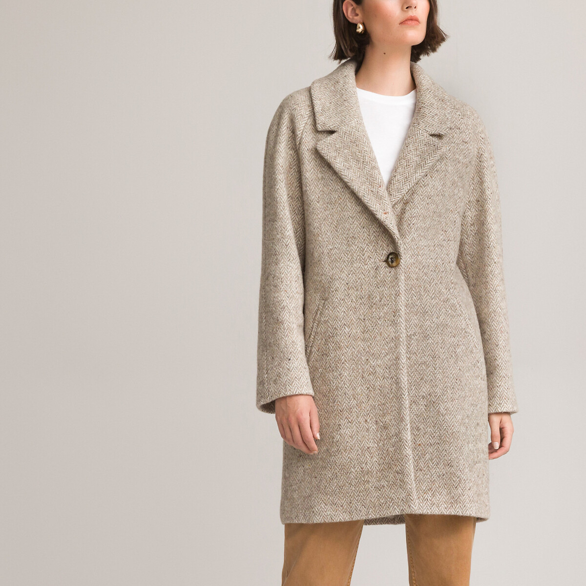 Mid Length Herringbone Coat Beige La Redoute Collections Mid Length Herringbone Coat Beige, Wool Herringbone Zip Front Trench Coat