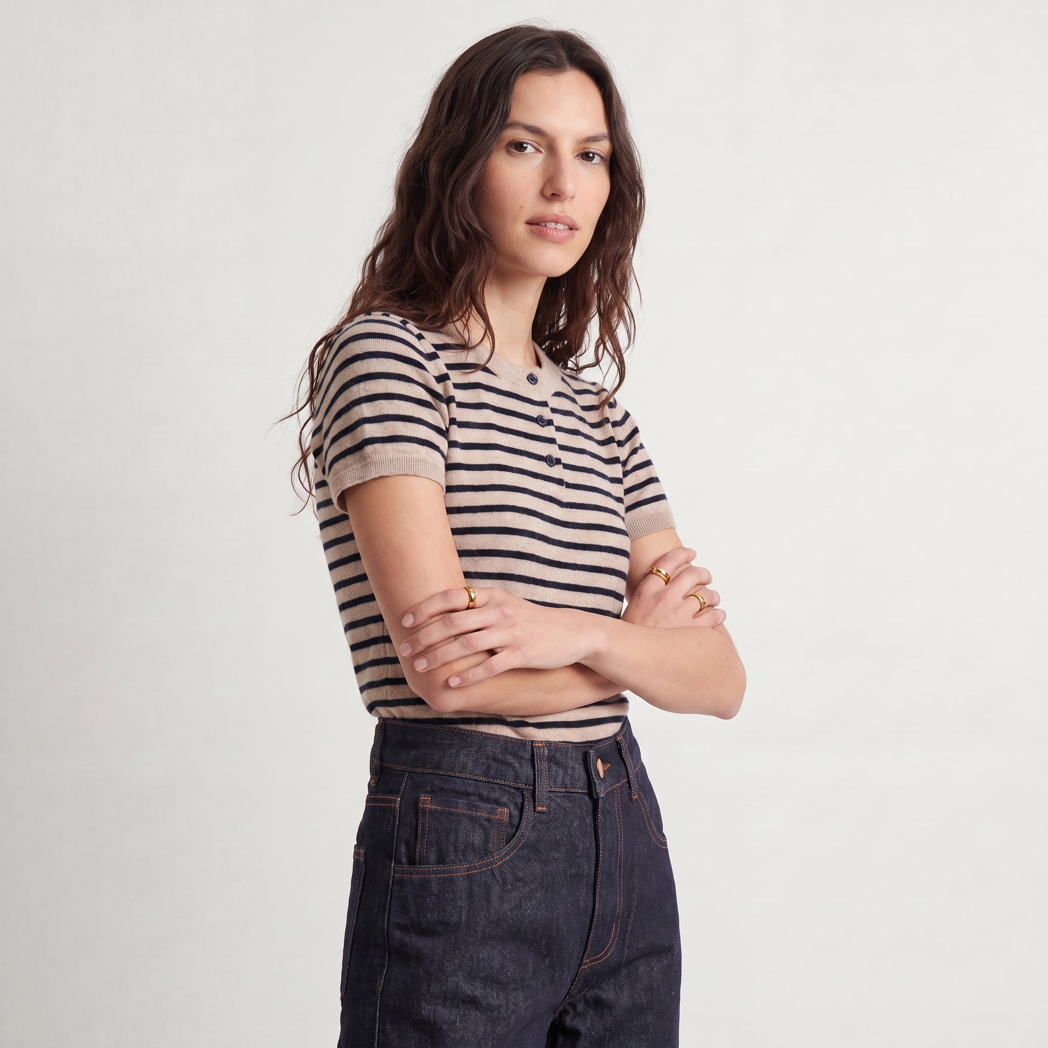 Pull col rond boutonné à esprit marinière et manches courtes FLERINE, ARTLOVE