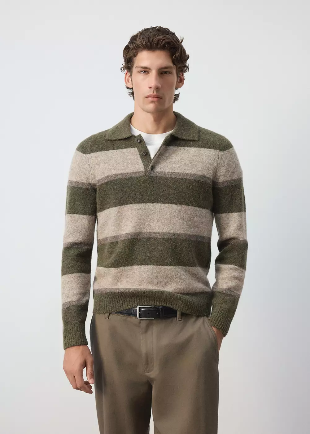 Pull polo rayé en mélange de laine et d’alpaga, MANGO MAN