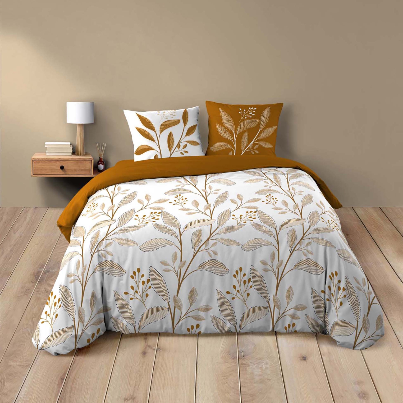 Parure de lit 3 pièces en coton à motif feuilles housse + taies, DOUCEUR D'INTÉRIEUR