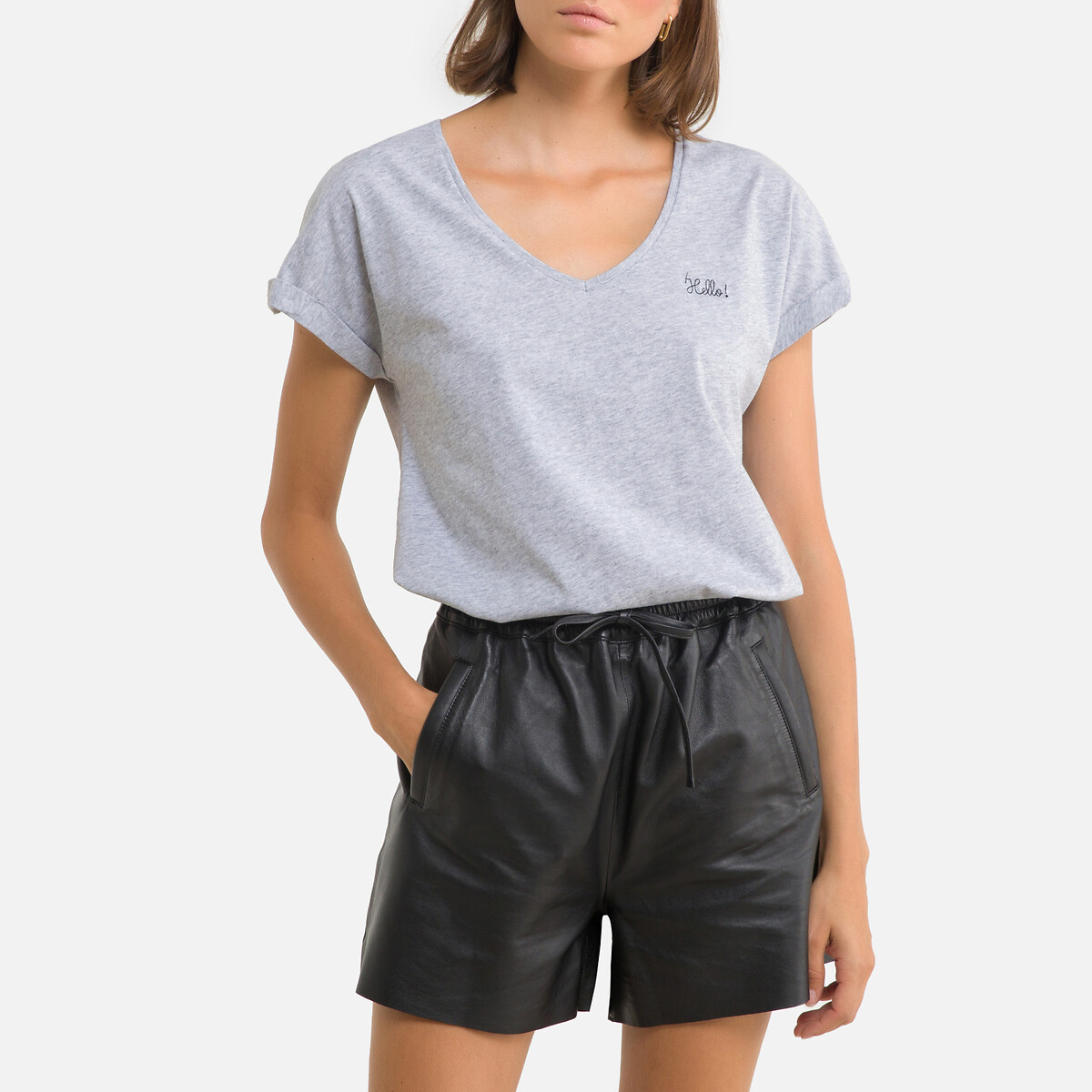 Cotton V-Neck T-Shirt with Long Sleeves