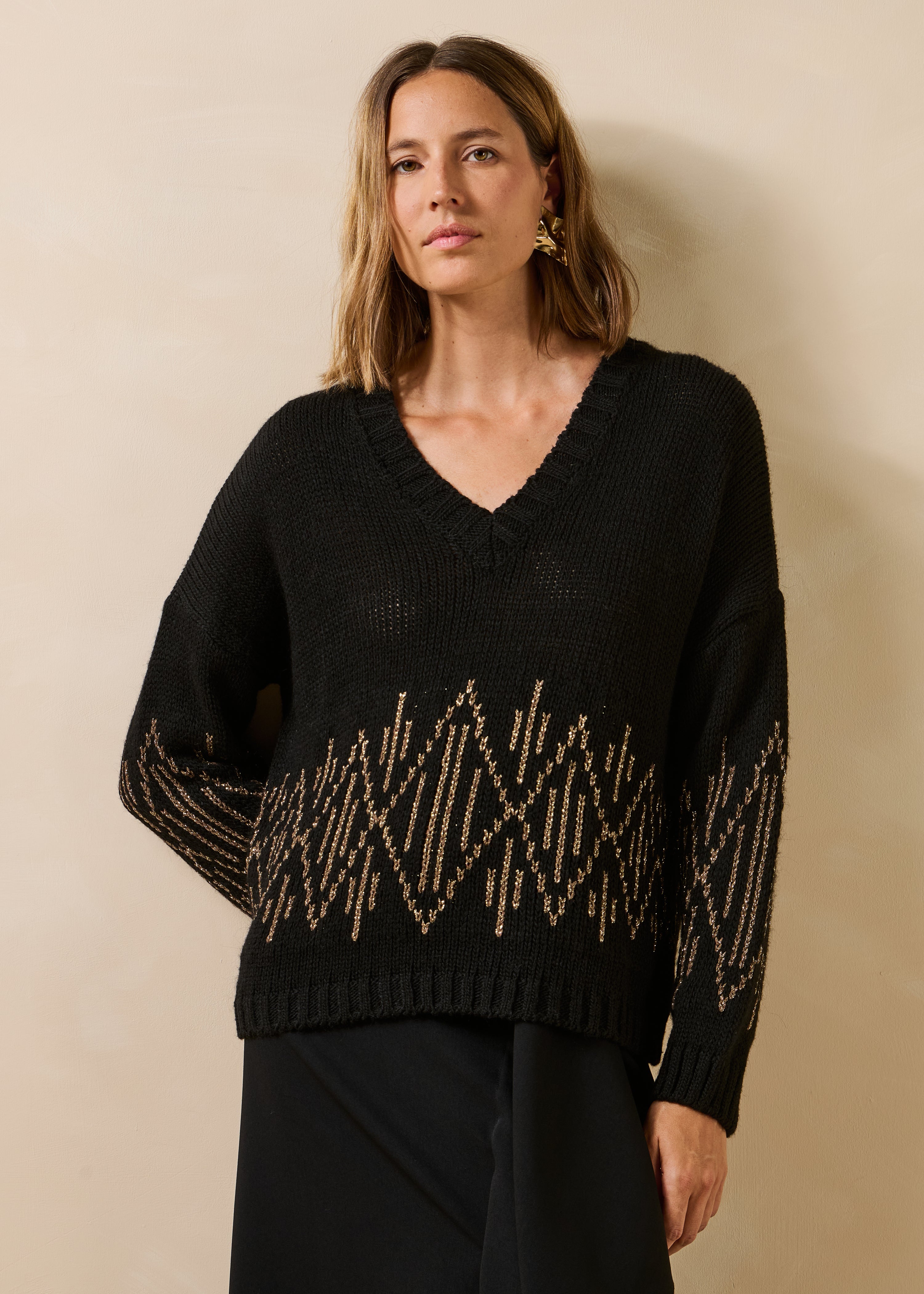 Pull ample manches longues en maille jacquard, LA FEE MARABOUTEE