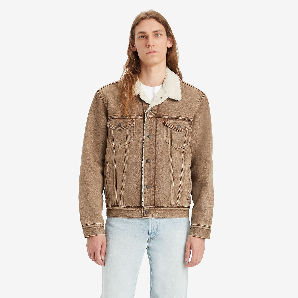 Image of Cotton Buttoned Jacket with Faux Fur Lining