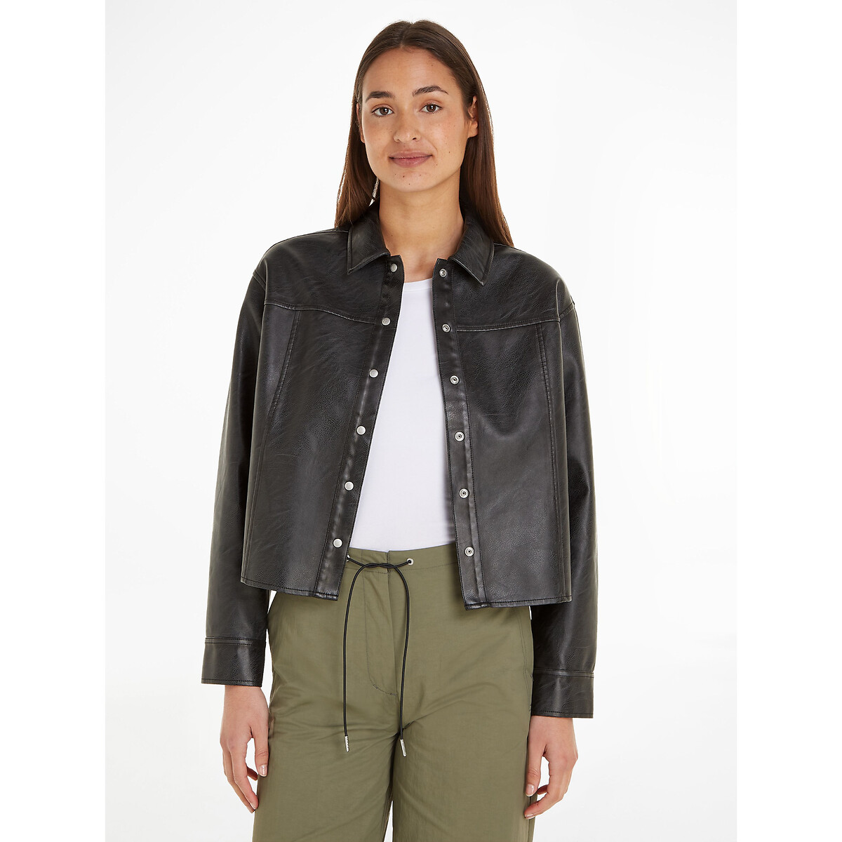 Image of Cropped Faux Leather Jacket with Press-Stud Fastening