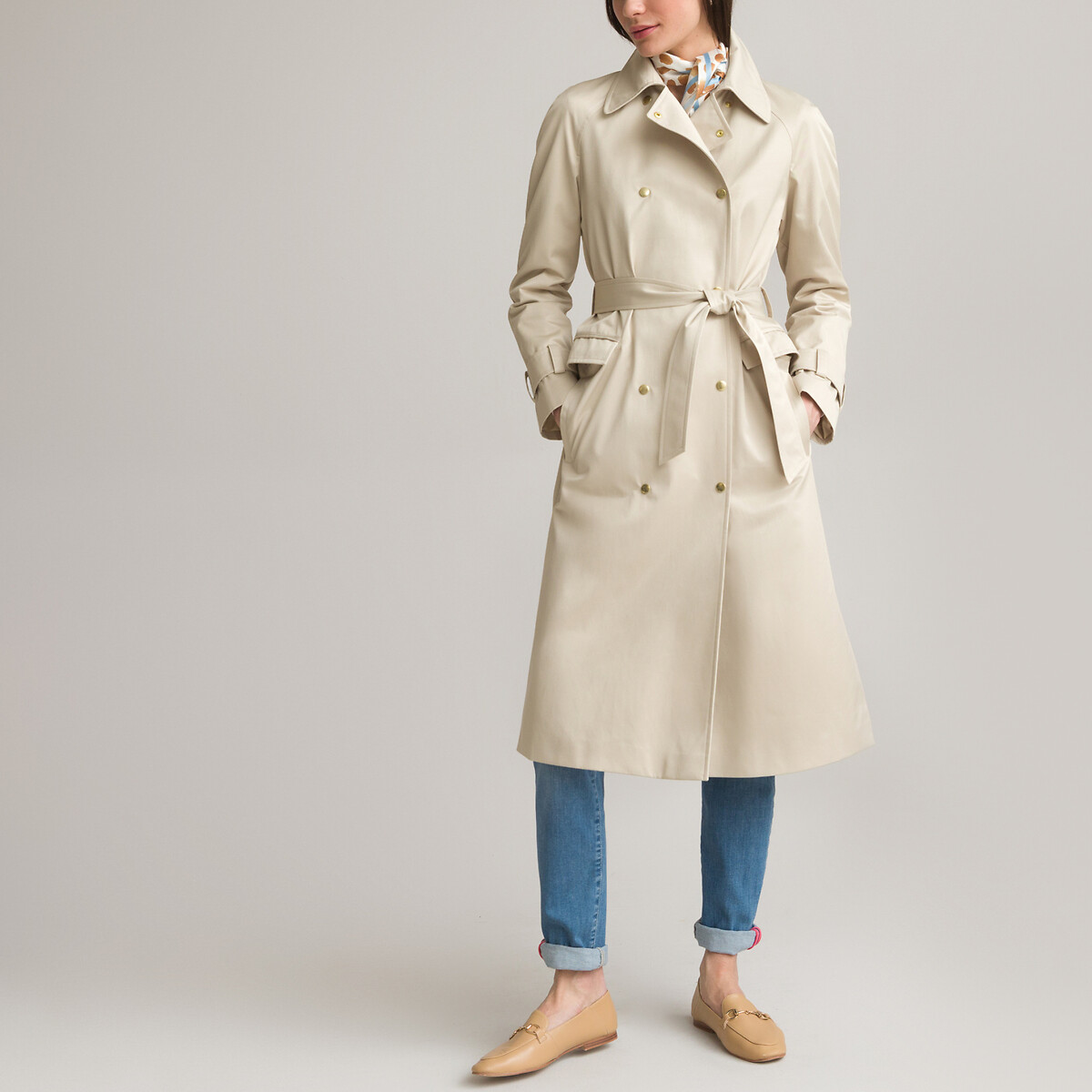 Cotton Mix Trench Coat with Button Fastening, Mid-Season