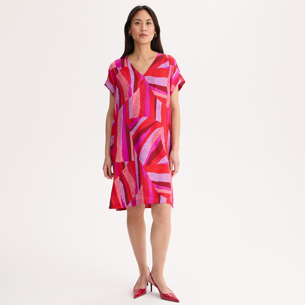 Printed Viscose Short Sleeve Knee-Length Dress, ANNE WEYBURN