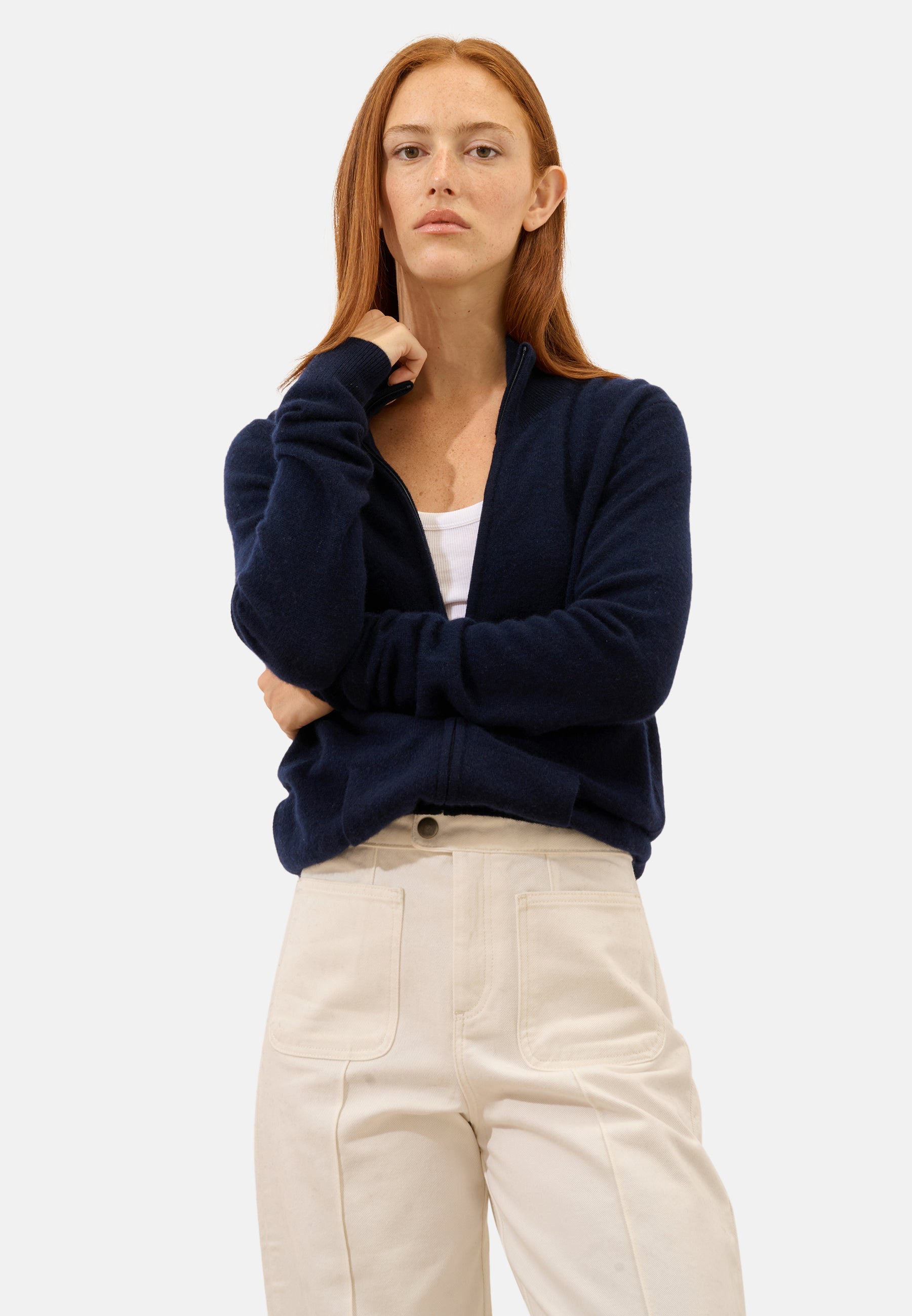Gilet Zippé Col Montant Navy Ayr, JUST CASHMERE