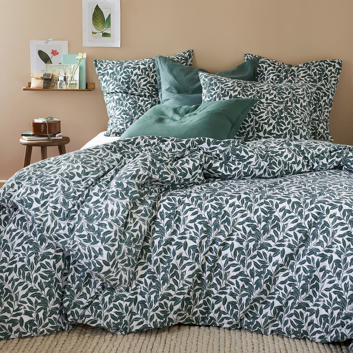 Feuillage Washed Cotton Duvet Cover, Teal Washed Cotton Duvet Cover