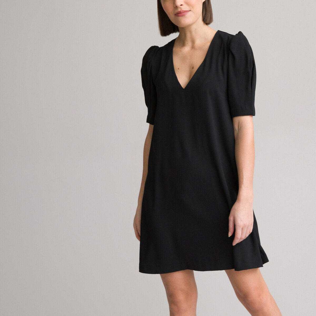 Recycled Mini Dress with Short Puff Sleeves and V-Neck
