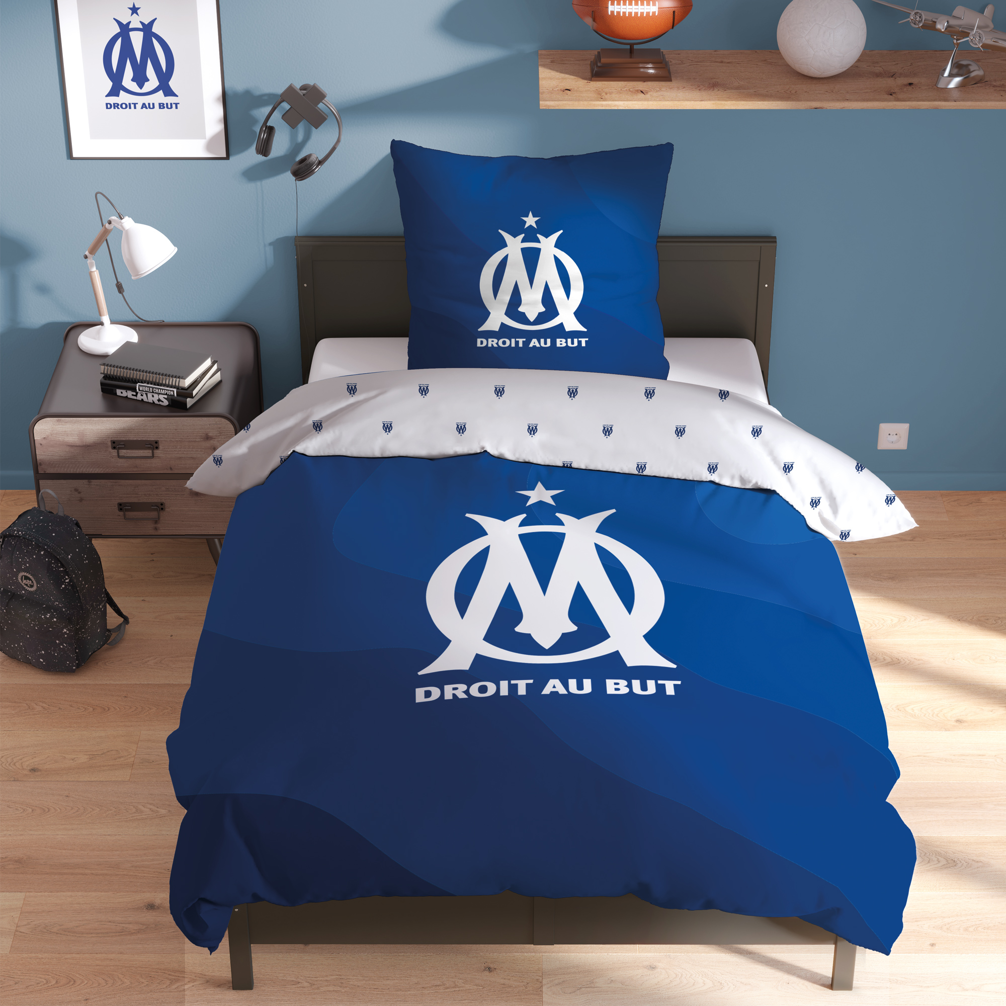 Parure de lit 100% imprimée 100% coton, OM ONDEBLUE, OLYMPIQUE DE MARSEILLE