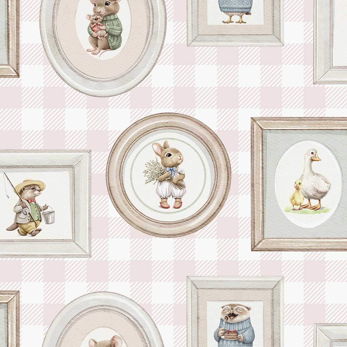 Papier peint portraits animaux vichy rose enfant, HEXOA
