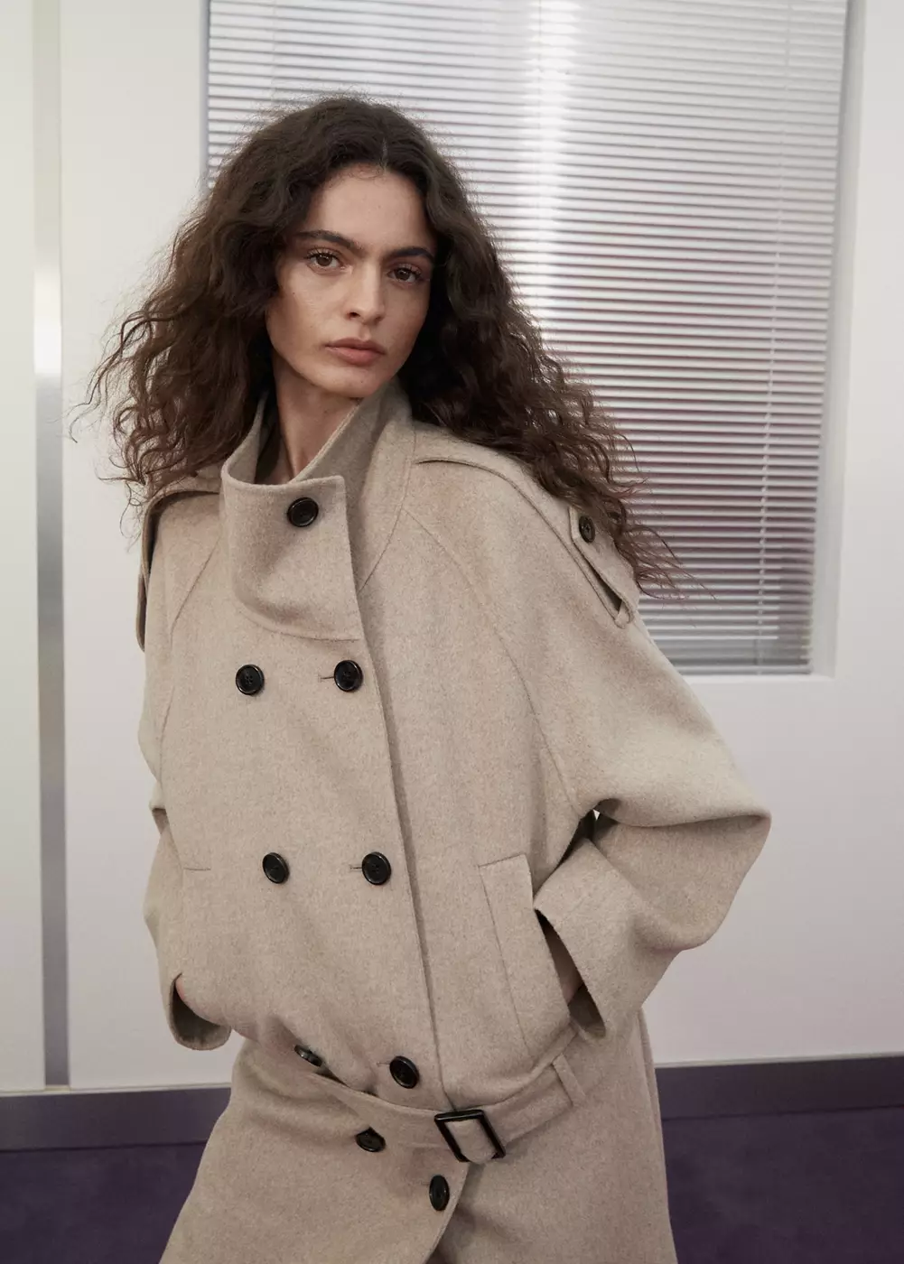 Manteau laine col cheminée avec ceinture, MANGO