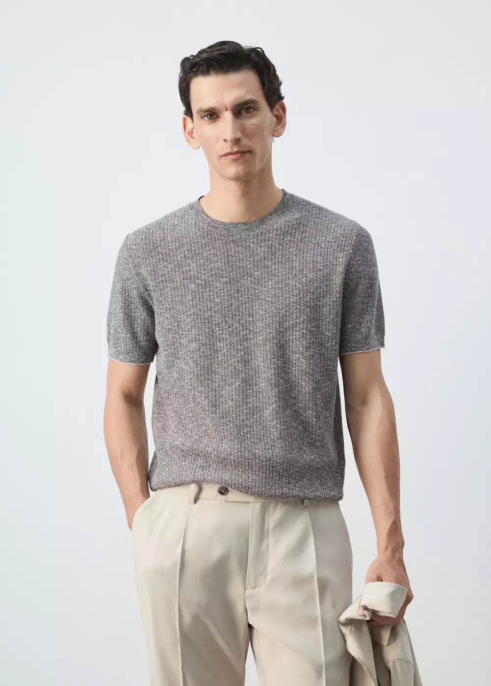 T-shirt en mélange de coton et lin côtelé, MANGO MAN