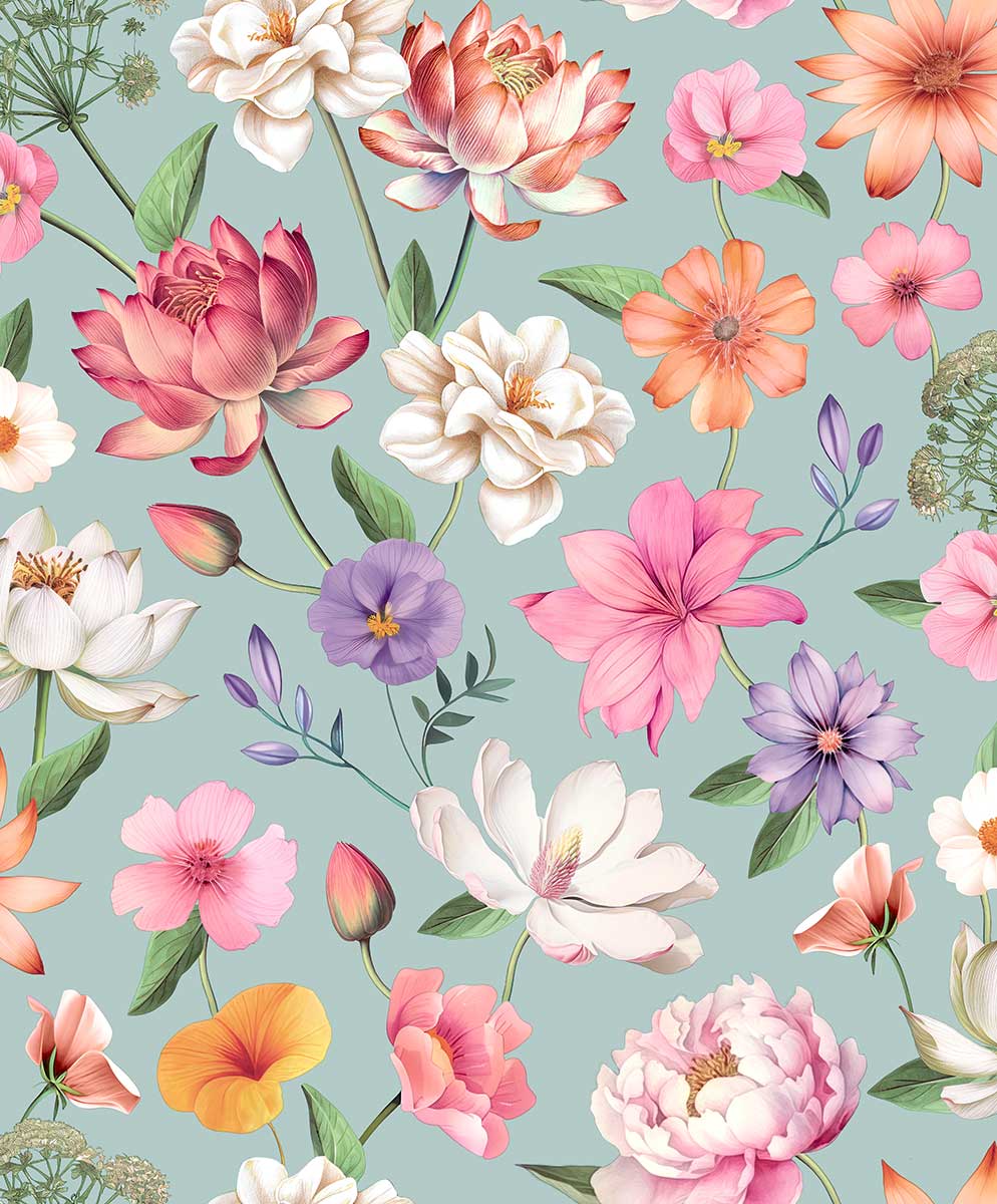 Papier peint floral botanique fond rose poudré, HEXOA