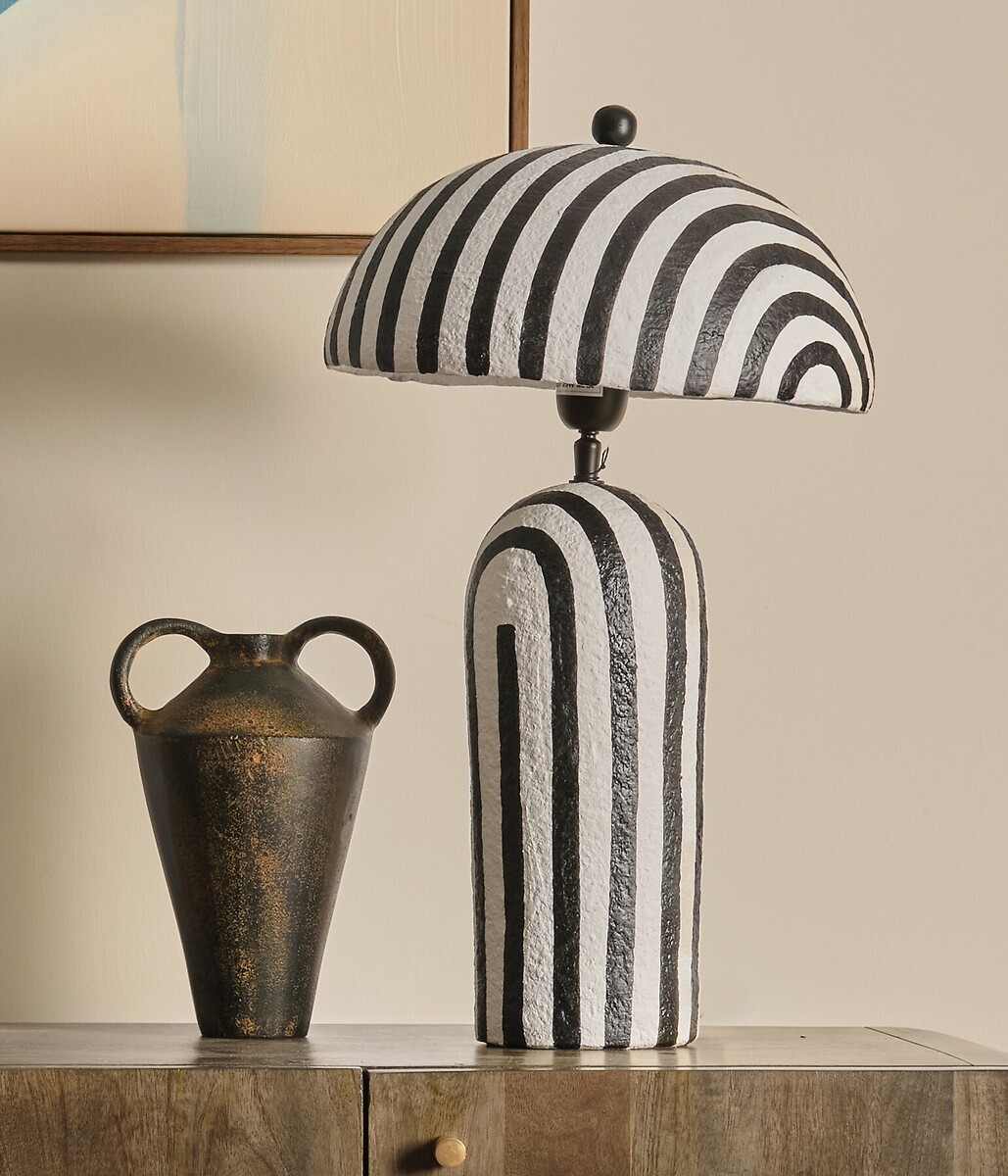 50cm Conway Stripe Papier Mache Style Table Lamp With Dome Shade, ÉDITÉ