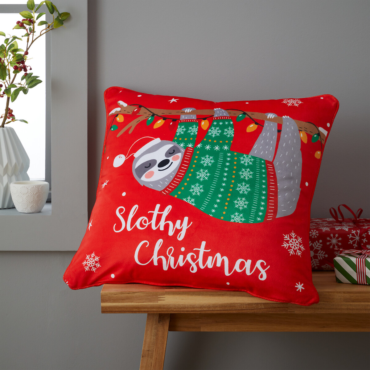 Slothy christmas cushion , red 