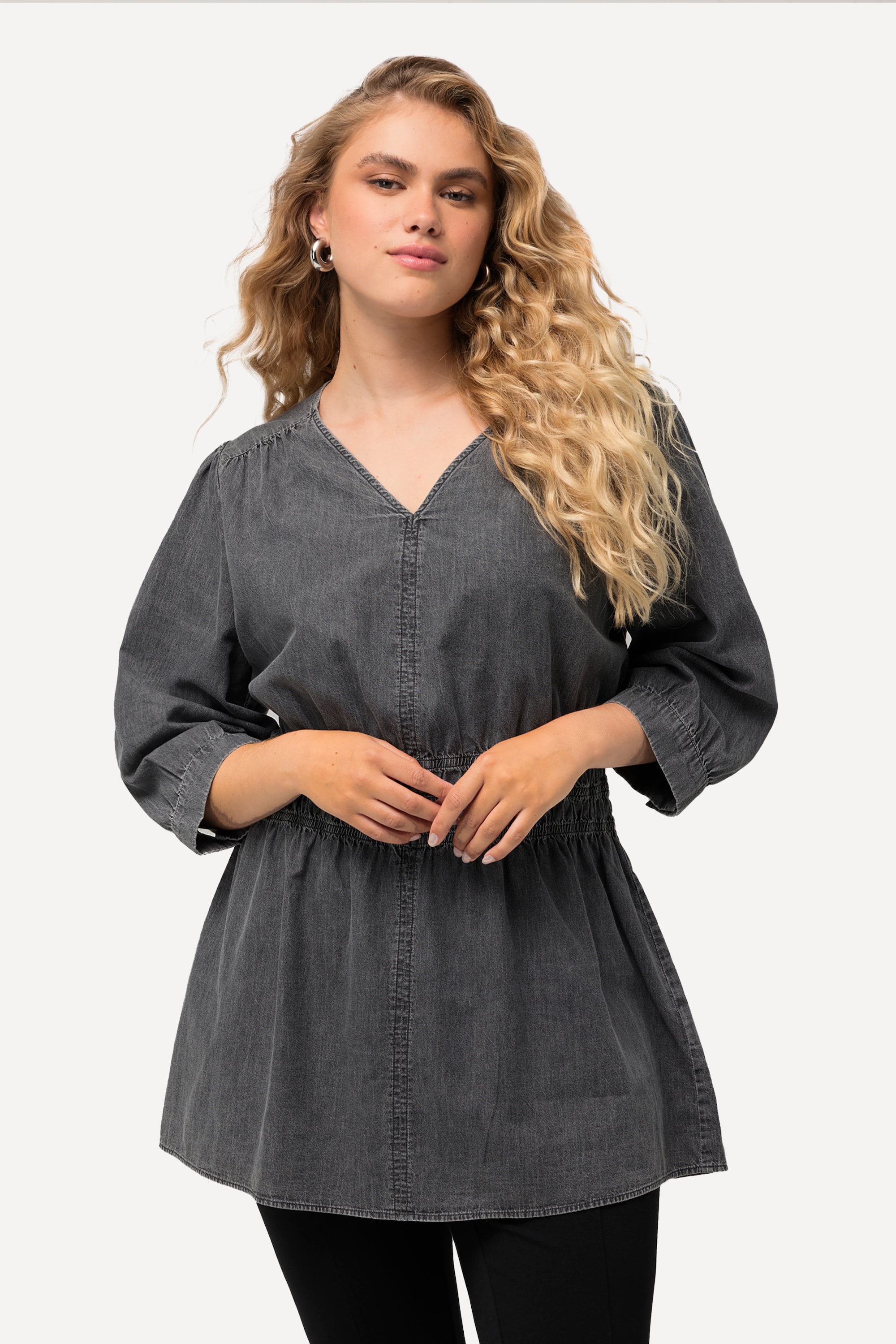 Blouse en jean à col en V et manches 3/4, ULLA POPKEN