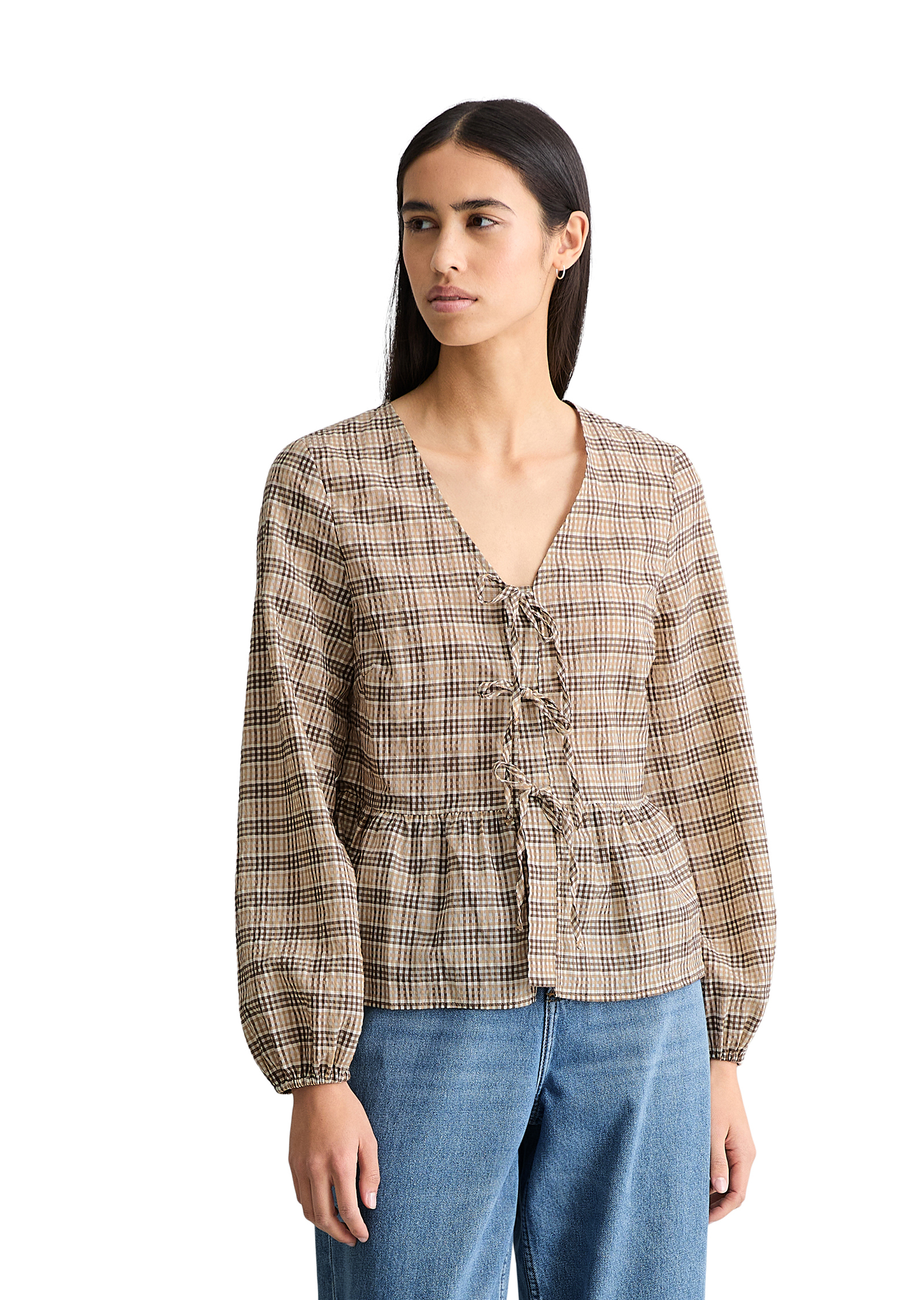 Blouse péplum en seersucker regular en coton mélangé, MARC O’POLO DENIM