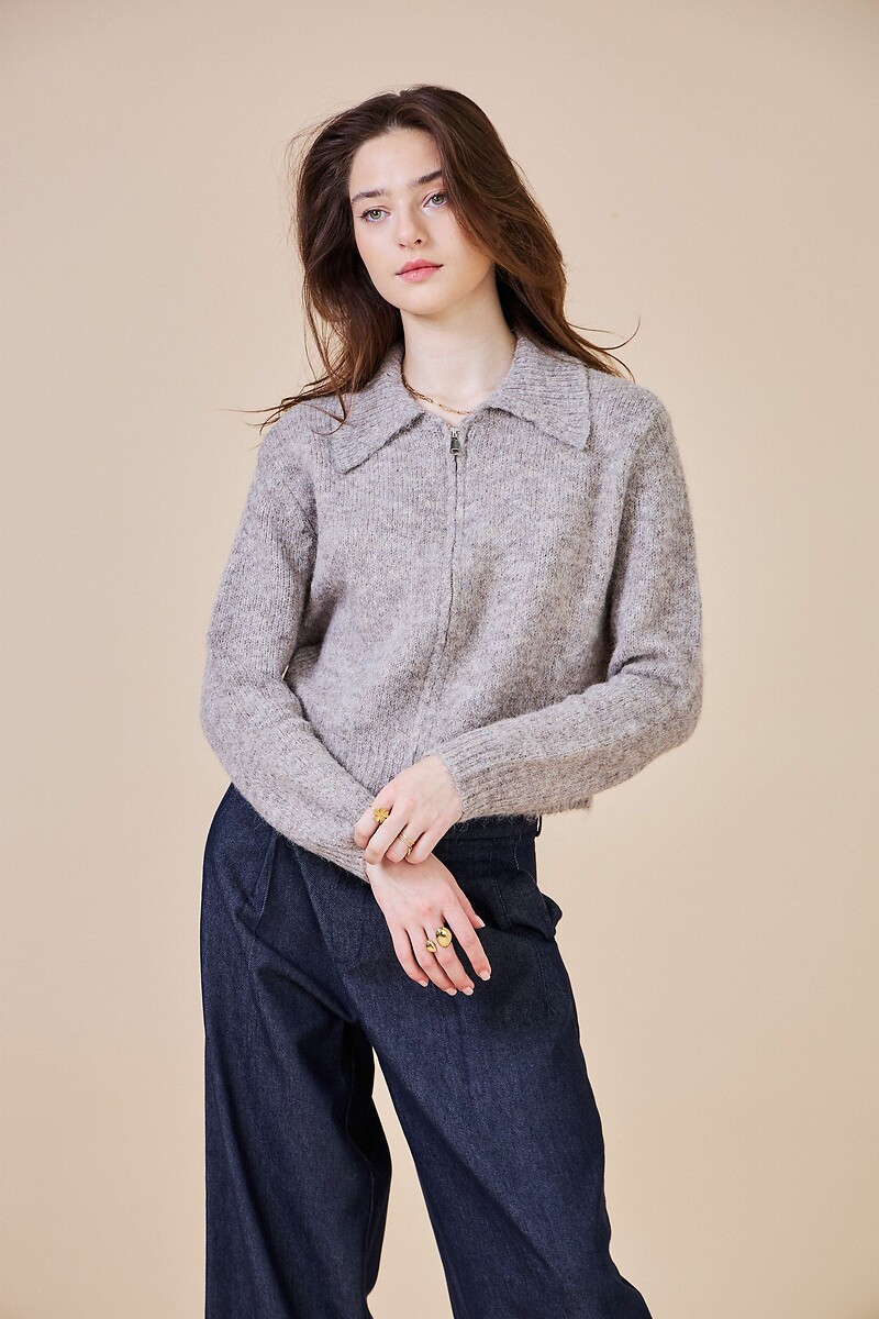 Zip-Up Cardigan with Polo Collar, SEE U SOON
