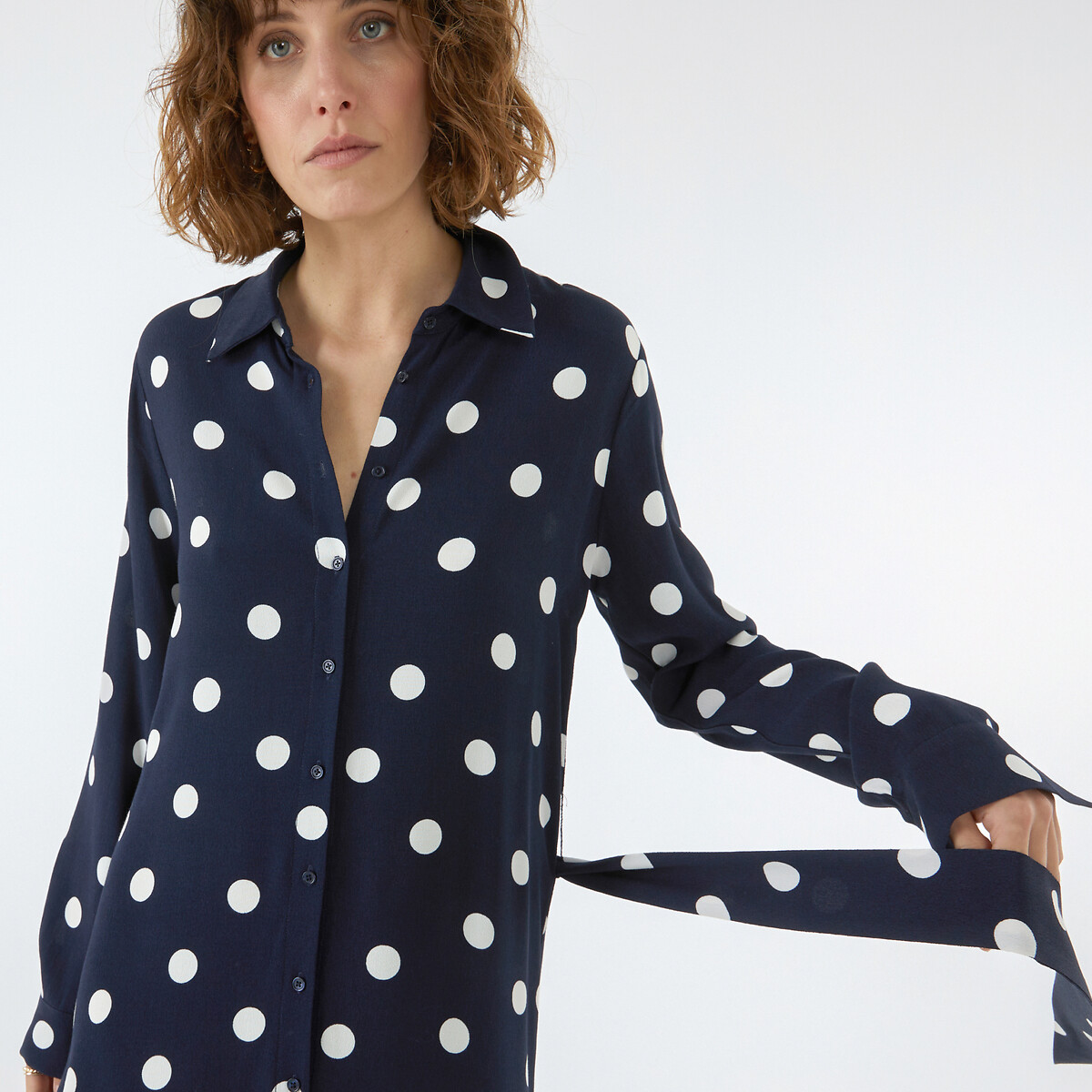 Midi shirt dress in polka dot print polka dot print navy background La Redoute Collections La Redoute
