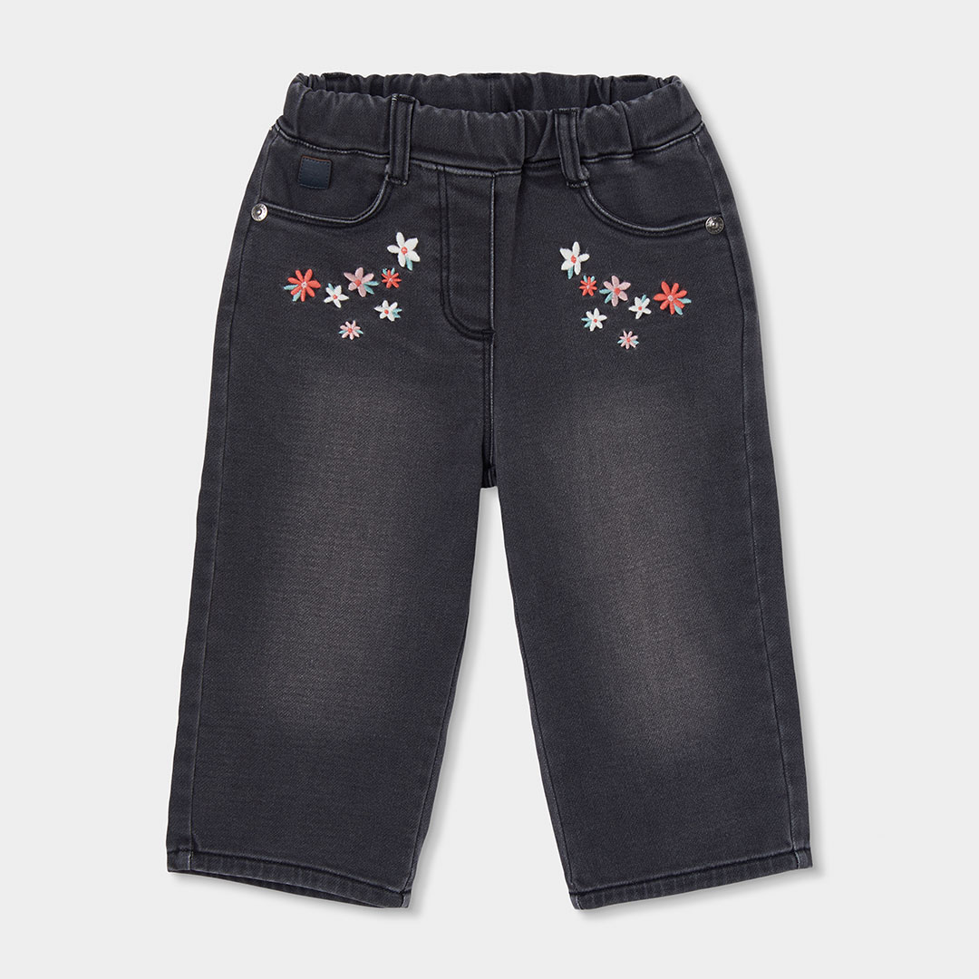 Pantalon fille denim brodé de fleurs, BOBOLI