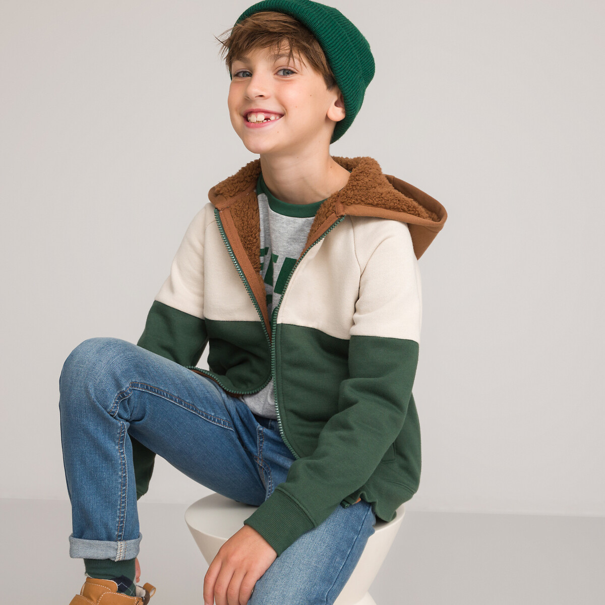 Cotton mix zipped hoodie with faux fur lining, green/beige/camel, La ...