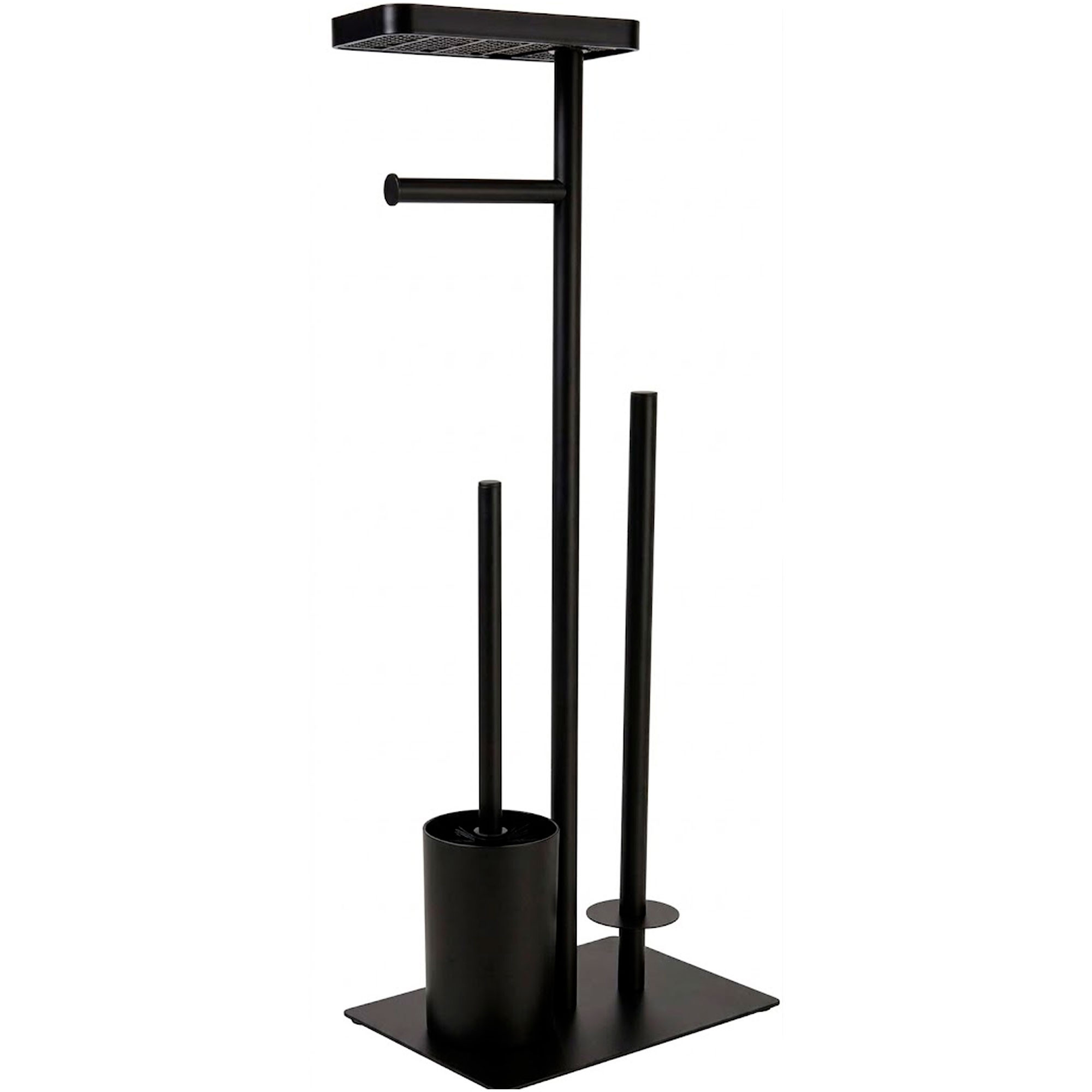 Dérouleur papier toilette avec brosse wc et réserve métal noir 26x18x68cm, WADIGA