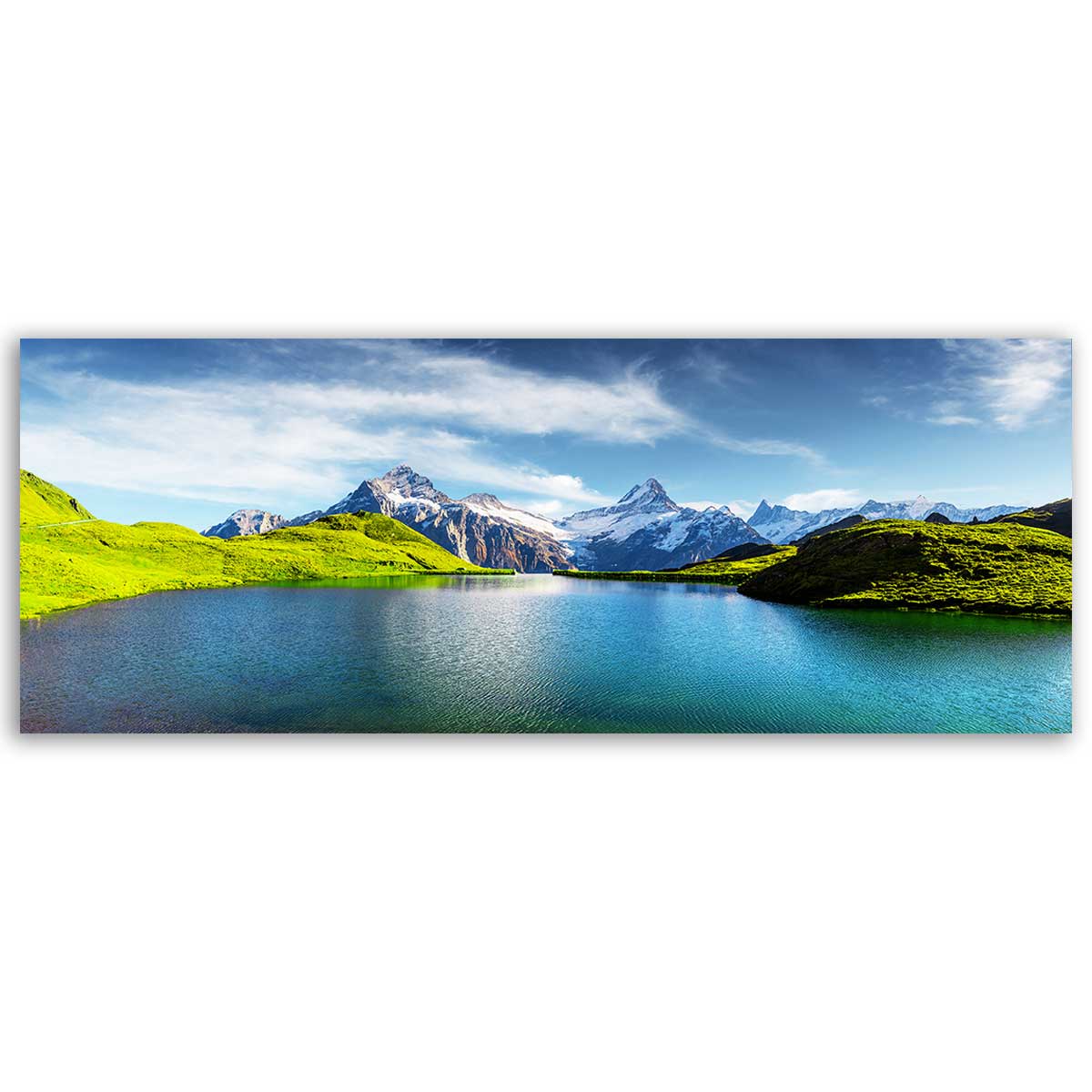 Tableau panoramique lac alpin turquoise et sommets enneigés été, HEXOA