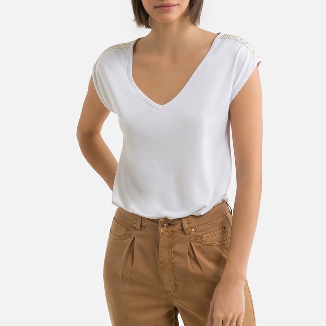 Embellished Shoulder T-Shirt with Short Sleeves - PIECES