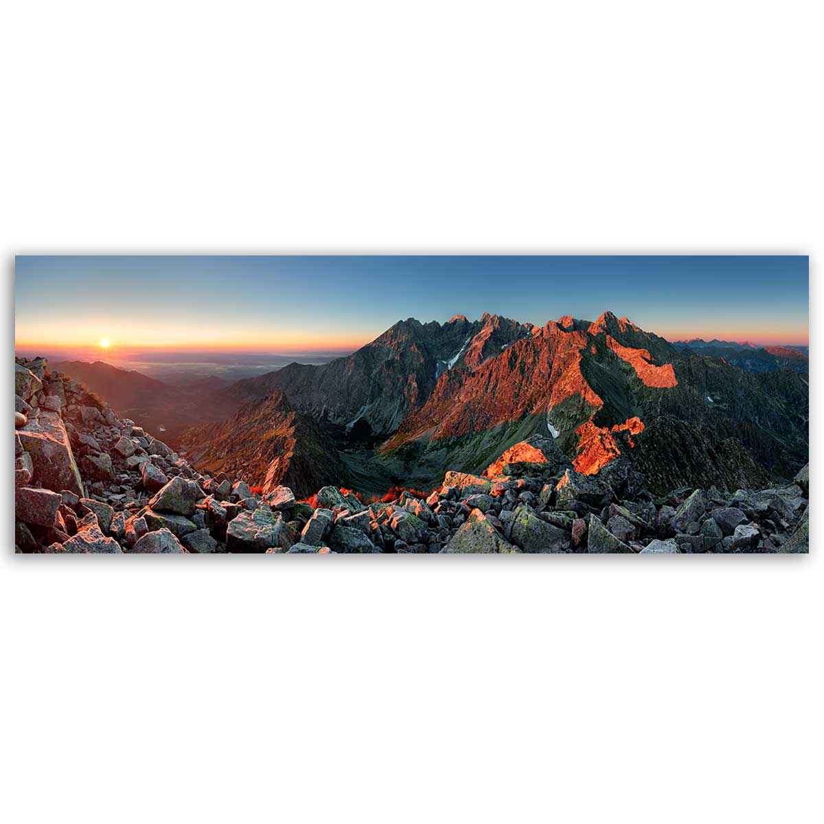 Tableau panoramique crêtes rocheuses lever de soleil, HEXOA