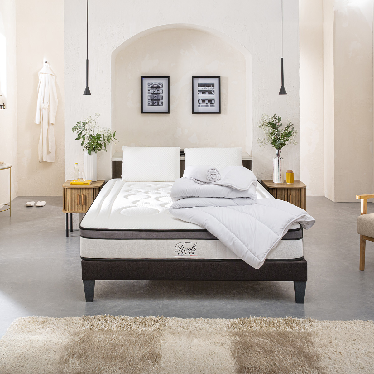 Pack prêt à dormir Tivoli - Matelas + Sommier + Couette, oreillers, protège-matelas - 25 cm d'épaisseur, BELLECOUR