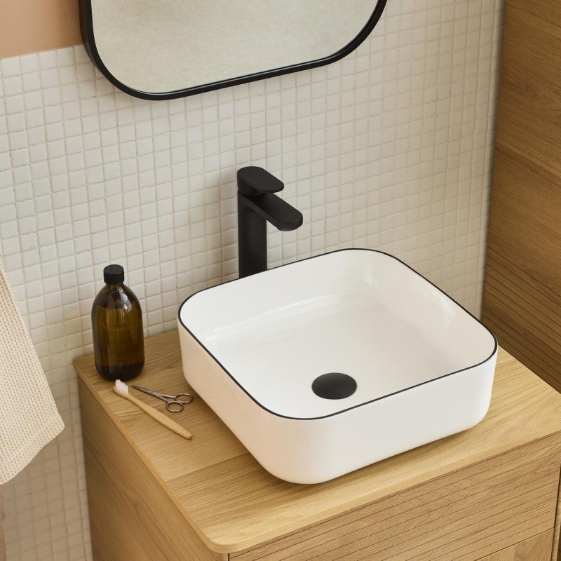 Vasque à poser carrée céramique blanche avec liseret noir 37cm ALIX, MOB IN