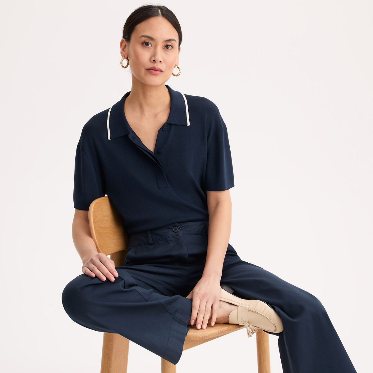 Pull a manica corta con scollo a polo in maglia fine, ANNE WEYBURN