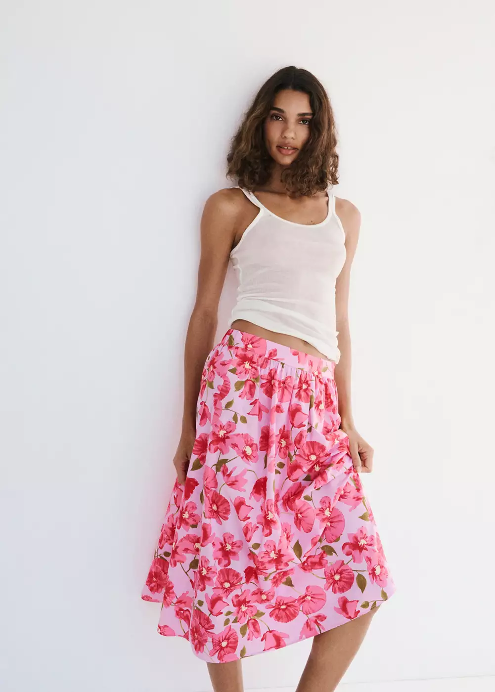 Jupe midi 100 % coton, MANGO