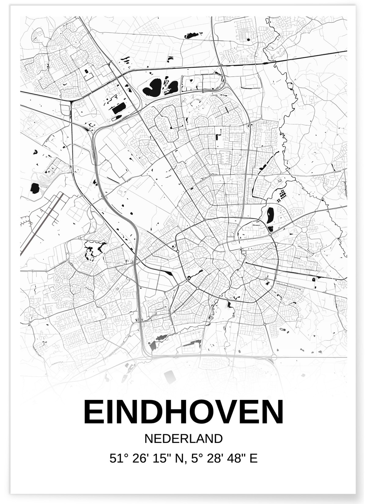 Affiche carte Eindhoven - rectangle Noir et Blanc, L'AFFICHERIE