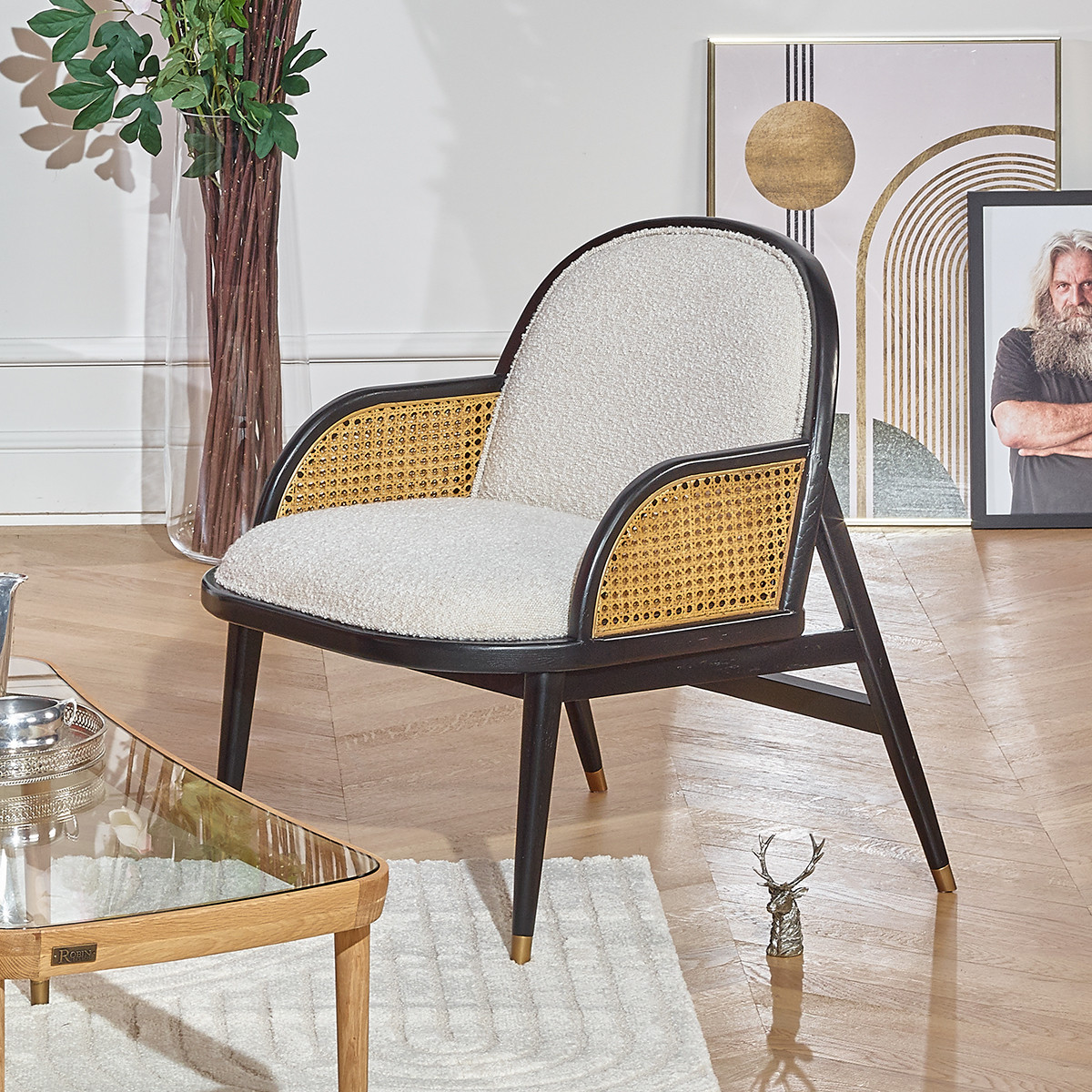 Fauteuil en cannage, tissu effet laine bouclée MARCEL, ROBIN DES BOIS