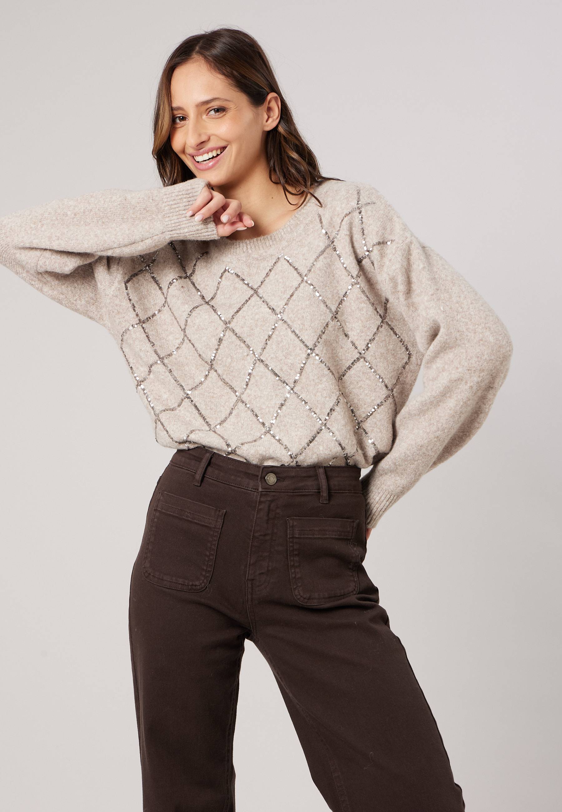 Pull femme maille douce motif losanges à sequins VANESS, DEELUXE