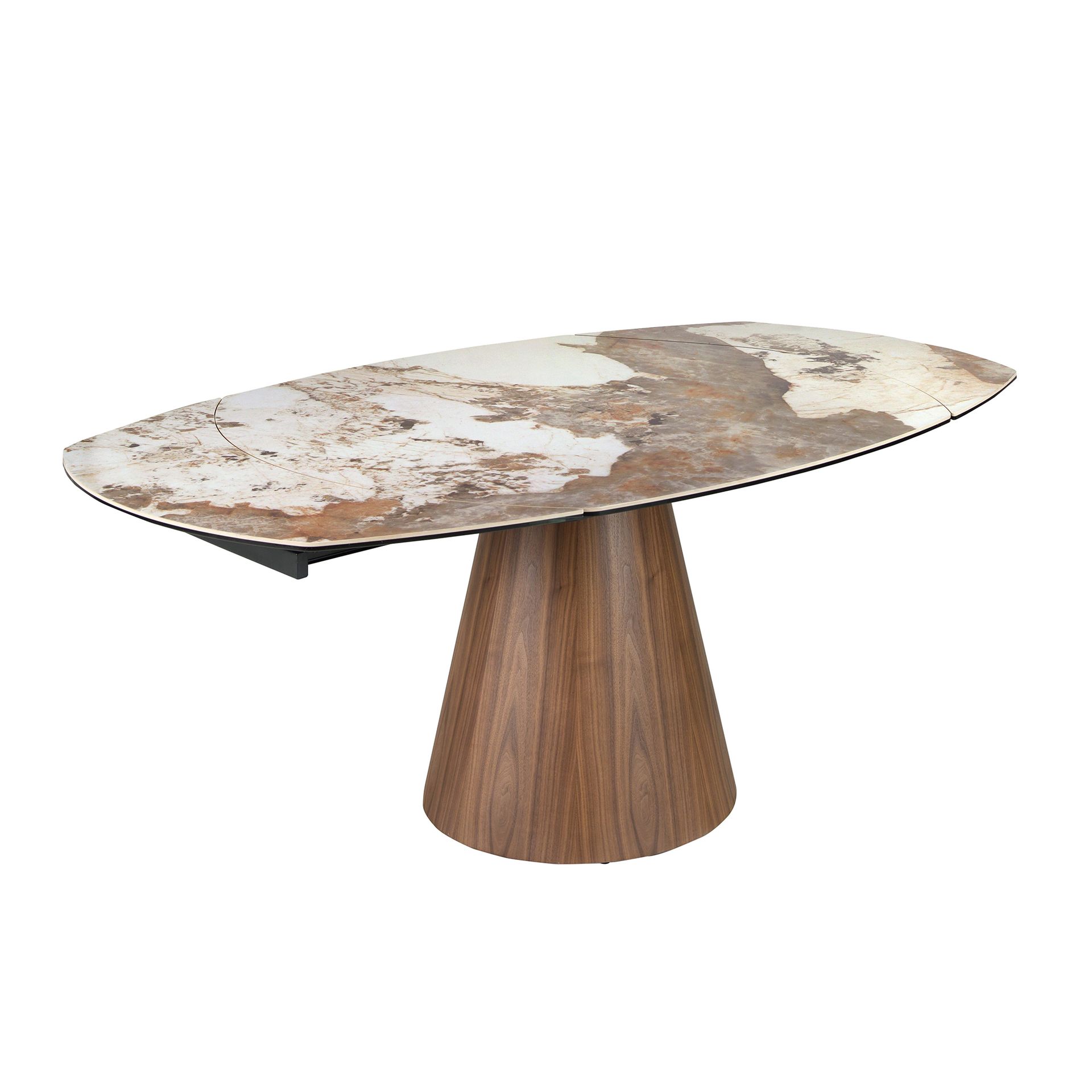 Table de salle à manger extensible ovale en forme de tonneau en marbre porcelanique et bois, ANGEL CERDA