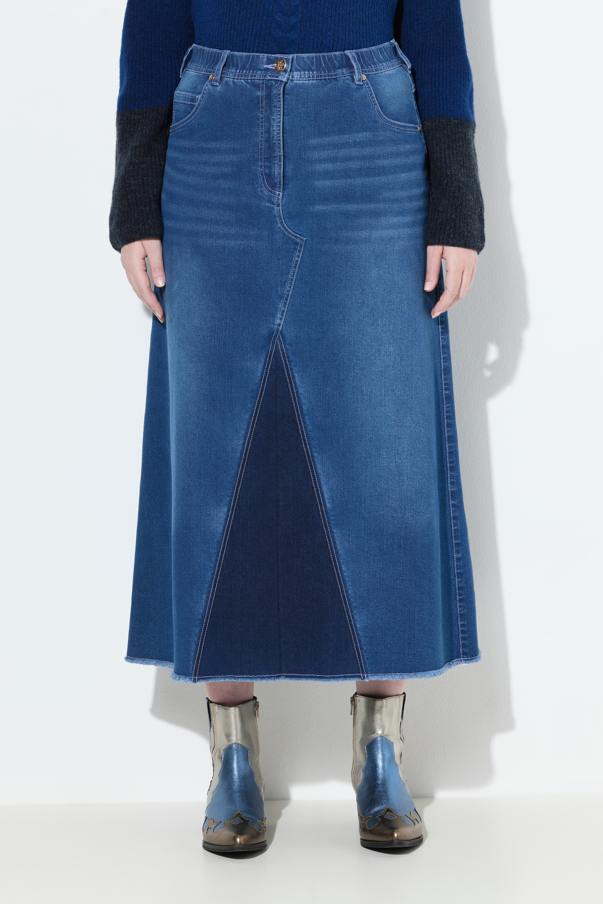 Jupe en jean, denim stretch et ourlet frangé, ULLA POPKEN