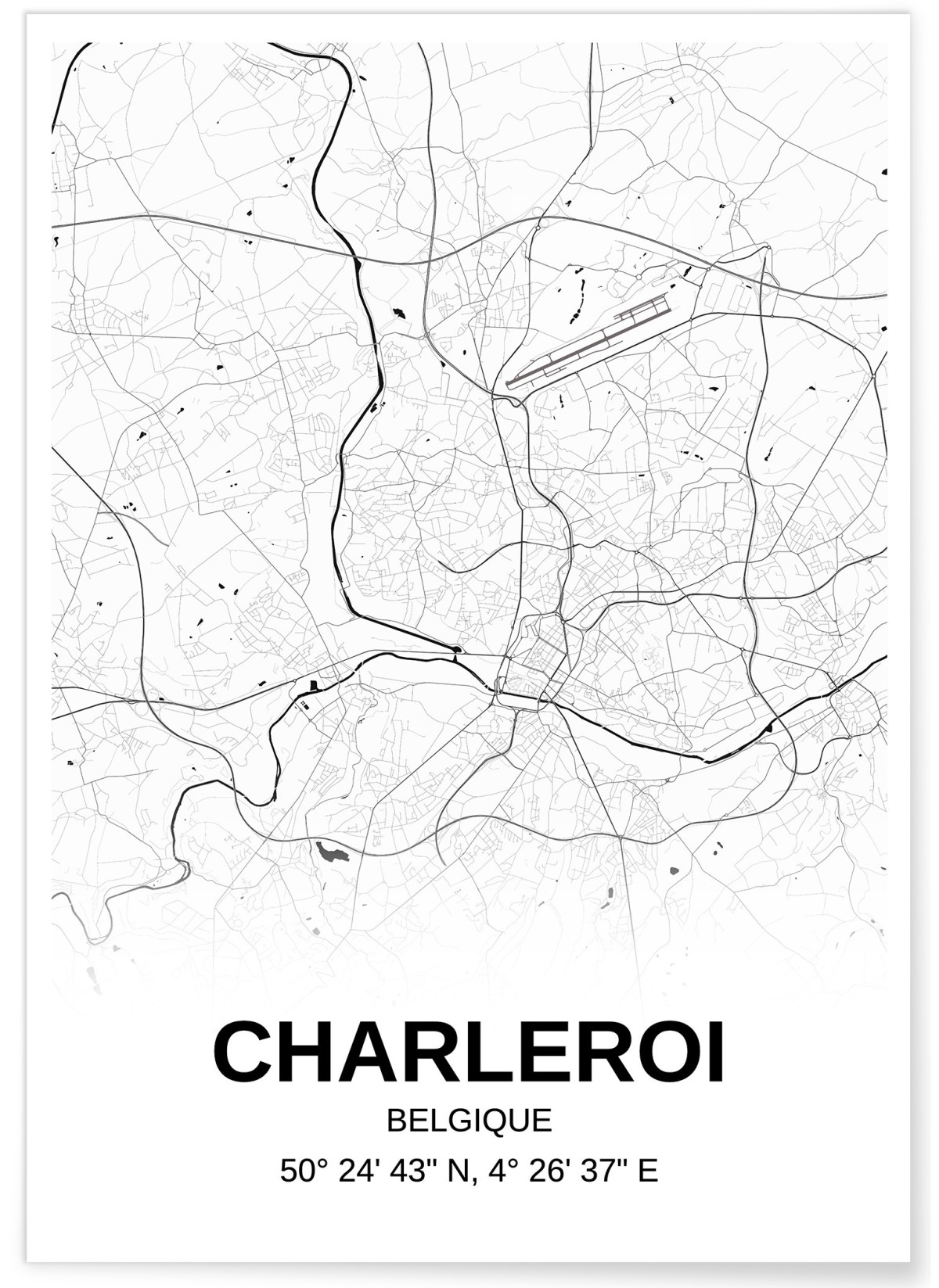 Affiche carte Charleroi - rectangle Noir et Blanc, L'AFFICHERIE