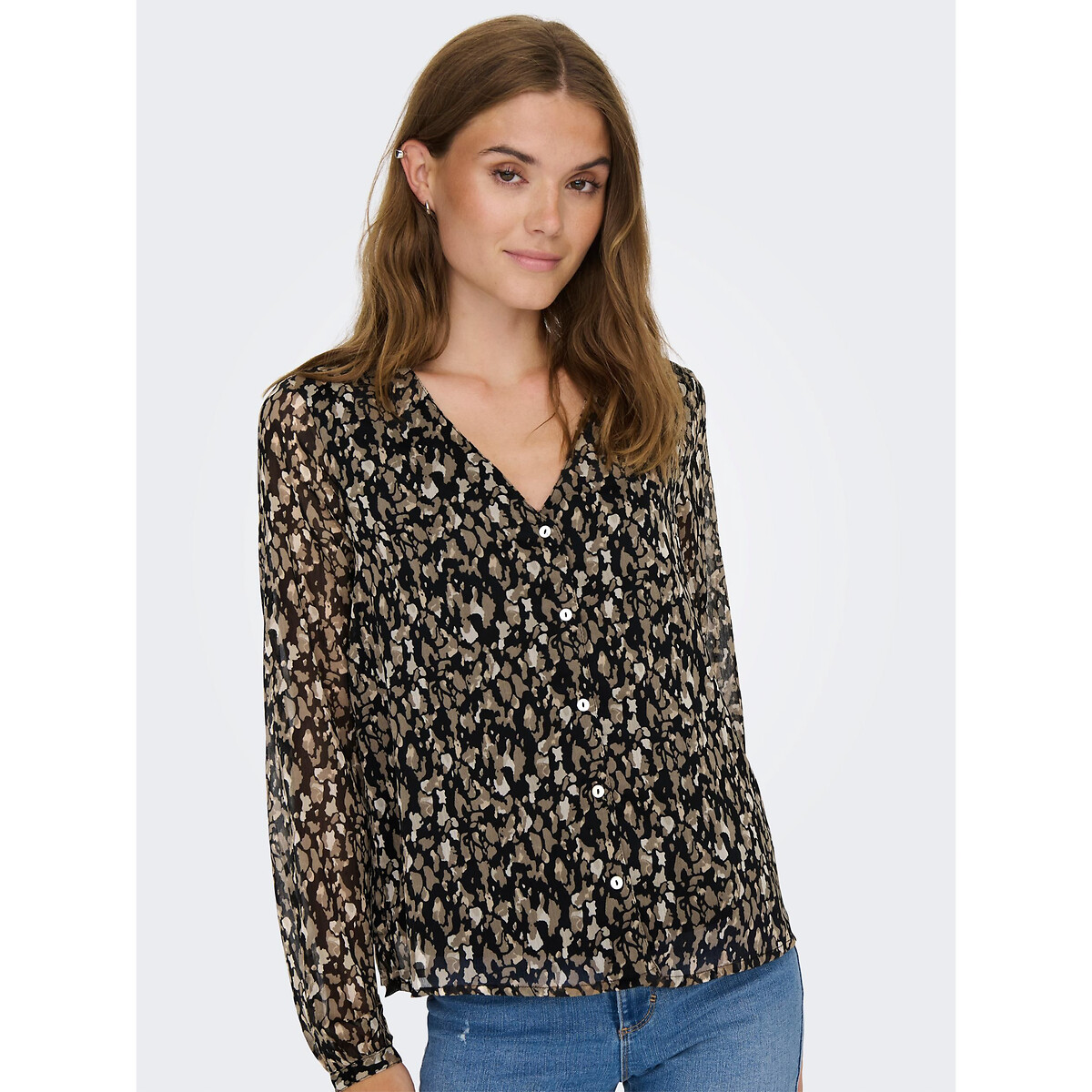 Graphic Print Draping Blouse with V-Neck