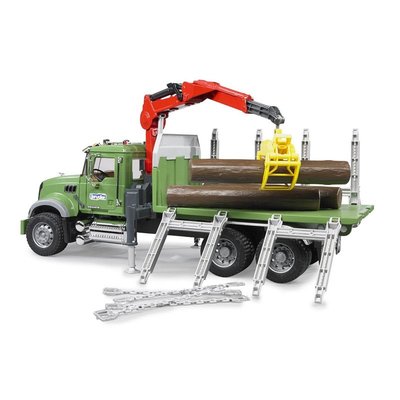 Camion de transport de bois mack granite avec grue et rondins de bois BRUDER