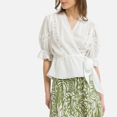 Louisa Wrapover Blouse with Puff Sleeves in Cotton Mix SUNCOO