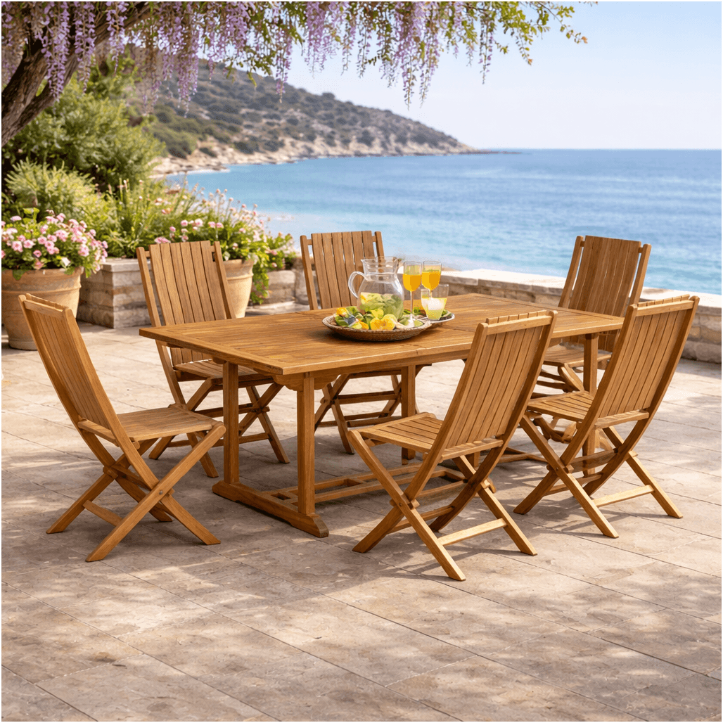 Ensemble table de jardin en teck Nina 160/210 et 6 chaises Helza, WANDA COLLECTION
